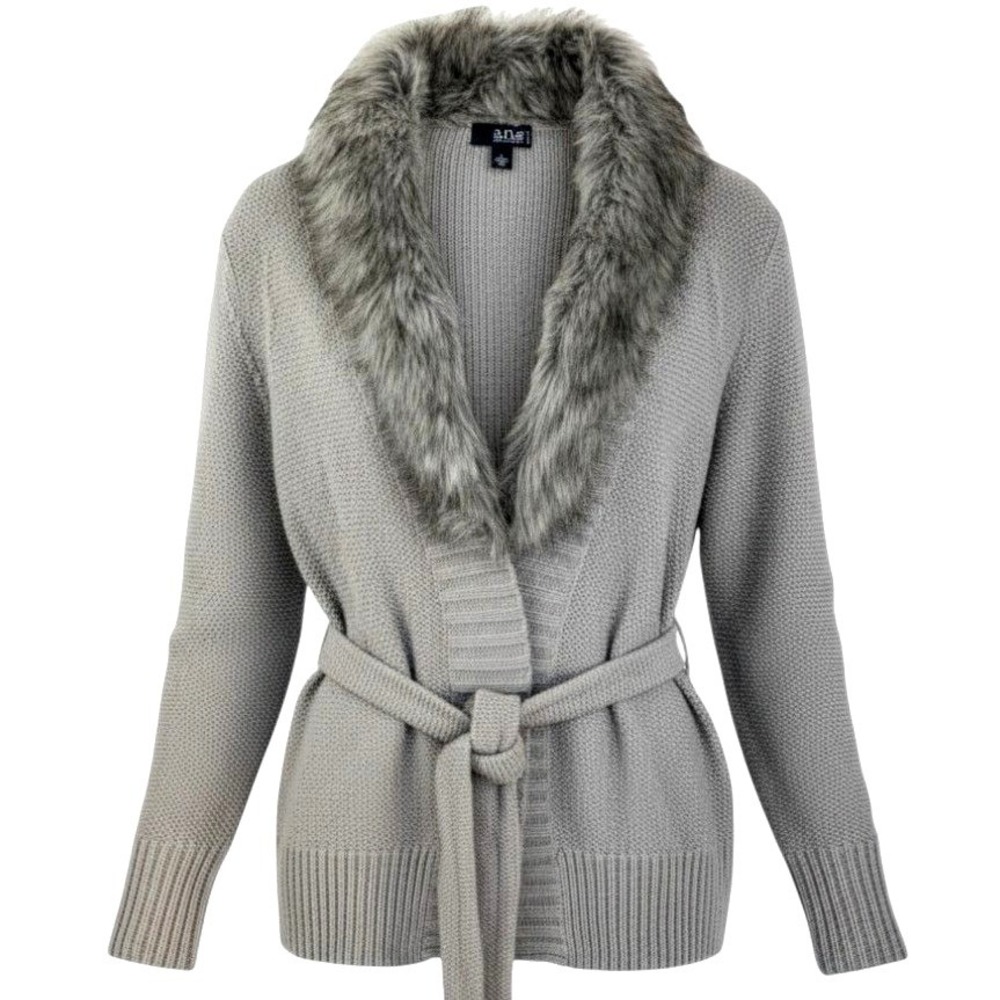 VTG Penny Lane Belted Cardigan Women PL LP Gray Removable Fur Collar Sweater